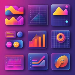 Sticker - Set of nine colorful, neon and vibrant UI elements for data visualization, including graphs, charts, and diagrams.