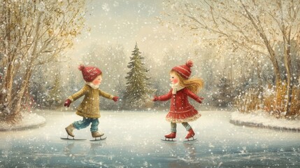 Poster - Two Children Ice Skating in a Snowy Winter Forest