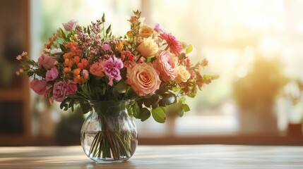 Poster - A vibrant collection of mixed flowers elegantly arranged in a glass vase, enhancing the warmth of a sunlit space. Generative AI