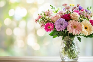 Poster - A colorful arrangement of assorted flowers in a glass vase enhances the ambiance on a light wood table, perfect for brightening any room. Generative AI