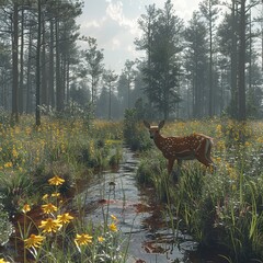 Poster - Fawn in a Forest Stream