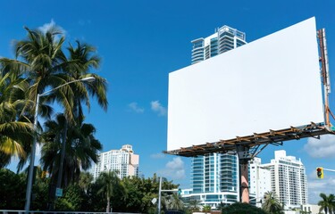 Blank billboard with a blue sky and palm trees for advertising copy space in urban setting.