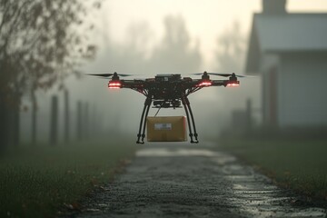 Poster - Neon lit drone hovering over a pink holographic platform in a digital cyber environment emphasizing high tech advancements in robotics and data driven technologies