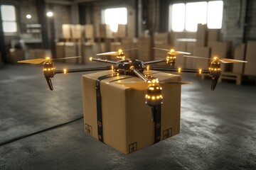 Canvas Print - Drone carrying a package in an industrial warehouse setting highlighting the advancements in automated logistics transportation and smart warehousing technologies