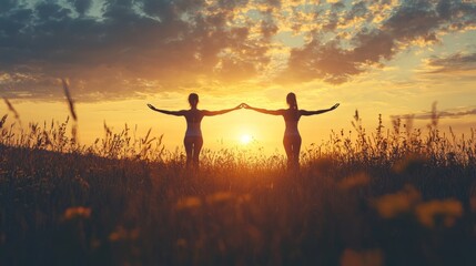 Poster - Silhouette of two people embracing the sunset in a field.