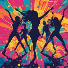 Poster - Silhouette of five people dancing with a bright, colorful background.