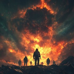 Poster - Silhouetted figures walking towards a fiery sky, a dramatic and apocalyptic scene.