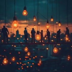 Poster - Silhouettes of people standing on a platform with light bulbs hanging above them against a city skyline at sunset.