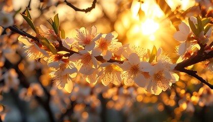 Poster - Vibrant Sunset Nature Scene with Blooming Flowers and Sunlight Filtering Through Blossoming Tree Branches