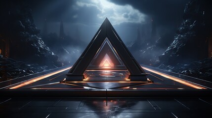 Wall Mural - Futuristic Pyramid Structure in a Mysterious Mountainous Landscape