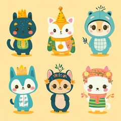 Poster - Six adorable cartoon animal characters with different outfits.