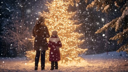 Poster - Mother and Daughter Admire a Lit Christmas Tree in the Snow