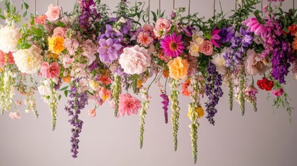 Poster - A stunning display of hanging flowers showcases a blend of pink, purple, and yellow blooms, creating a vibrant, cascading effect that brightens the space beautifully