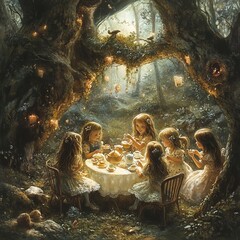 Poster - Six young girls enjoy tea party under a magical tree in a forest.