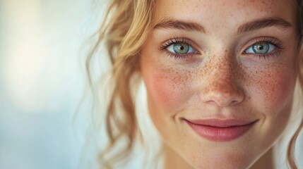 Canvas Print - Close-up Portrait of a Woman with Blonde Hair and Freckles Smiling