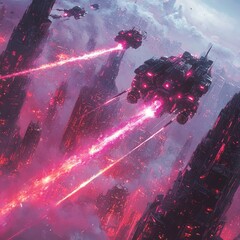 Poster - Spaceships firing laser beams over a futuristic city.