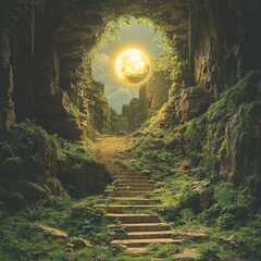 Canvas Print - Stone steps lead up to a cave opening with a full moon shining through the foliage.