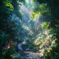 Poster - Sunbeams pierce through lush, green foliage of a tropical rainforest, illuminating a small stream and vibrant flowers.