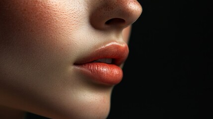 Poster - Close-up of a woman's lips with a hint of freckles and a glossy finish.