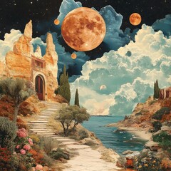 Canvas Print - Surreal landscape with a stone building, a stairway, a beach, a body of water, trees, and multiple moons in the sky.