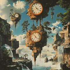 Canvas Print - Surreal landscape with floating islands, waterfalls, and clocks.