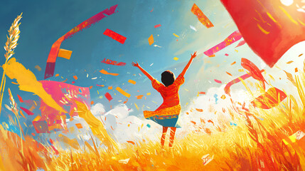 Wall Mural - An illustration of a person enjoying a joyful moment during a cultural festival with vibrant activities.