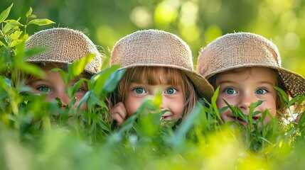 Wall Mural - Three children playfully peeking through green grass, wearing straw hats.