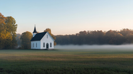 Dawn serene meadow unfolds beneath the sky, where mist gently blankets grass, framing church building embodies beauty of nature, spirit Christianity as sunrise casts a warm glow over landscape.