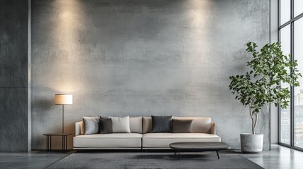 Poster - The space features a sleek sofa with neutral cushions against a concrete wall, accompanied by a lamp and potted plant, creating a serene atmosphere