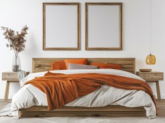 A modern bedroom with a wooden bed, orange throw blanket, and two blank picture frames on the wall.