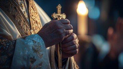 Wall Mural - Priest holding a golden cross in a cathedral during a religious ceremony