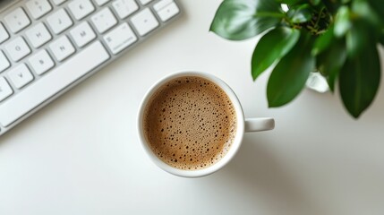 Wall Mural - Top view of coffee cup, keyboard, and plant on white desk.