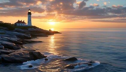 Tranquil Lighthouse Overlooking Golden Sunset and Serene Ocean Views Along a Rugged Coastline