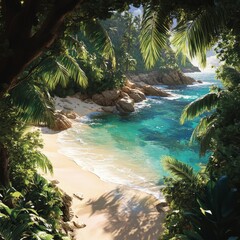 Poster - Tranquil tropical beach with lush foliage and clear blue water.