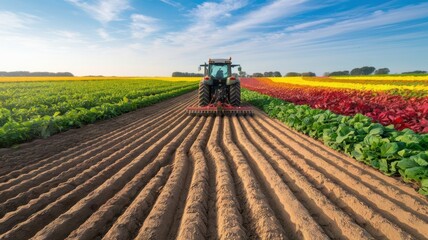 Tractor Cultivating Fertile Soil Amidst Vibrant Fields of Colorful Flowers and Vegetables at Dawn. Generative AI