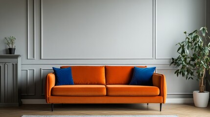 Poster - A spacious living room showcases Japan-inspired minimalist decor with an eye-catching orange sofa adorned with blue cushions. The serene atmosphere emphasizes clean lines and simplicity