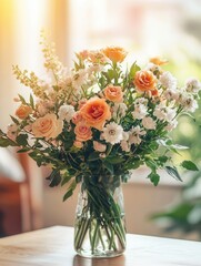 Poster - A beautiful bouquet of assorted flowers sits in a glass vase, brightening the light wood table in a warm, inviting space. Generative AI