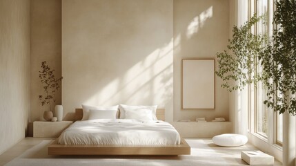 Poster - This modern minimalist bedroom showcases soft beige walls and a low-profile bed with crisp white bedding. Large windows allow natural light to enhance the tranquil atmosphere