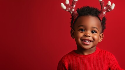 A cute little Black boy wearing reindeer horns costume and a red sweater, with an excited expression for Christmas