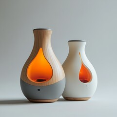 Wall Mural - Two modern ceramic and wooden diffusers with a teardrop shaped opening and lit candles inside.