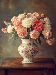 Poster - A lovely arrangement of pink roses and white carnations sits gracefully in a vintage vase atop an antique wooden table. Generative AI