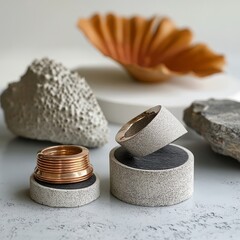 Poster - Two textured rings on black and white stone stands with a white shell, gray rock, and orange paper fan in the background.