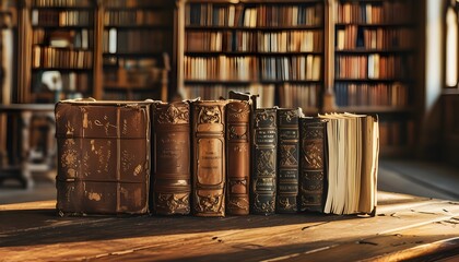 Wall Mural - Sunlit Vintage Open Book on Wooden Table Surrounded by Antique Bookshelves in Historic Library, Emphasizing Literature and Knowledge