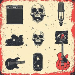 Canvas Print - Vintage grunge style rock and roll icon set.