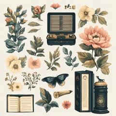 Poster - Vintage illustration of a book, radio, butterfly, flowers, and leaves.