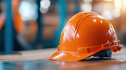 An orange hard hat is sitting on a wooden table in a workshop setting, representing safety measures in a construction environment, ready for use by a worker.