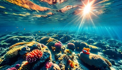 Vibrant Coral Reef Underwater Scene with Sun Rays Illuminating Diverse Marine Life on Tropical Seabed