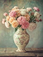 Poster - Beautifully arranged roses and carnations fill a vintage vase, creating a charming centerpiece on a rustic wooden table. Generative AI