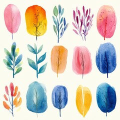 Poster - Watercolor illustration set of colorful trees and branches.