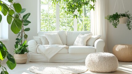 Wall Mural - White sofa with pillows and throw blanket in a modern living room with plants.